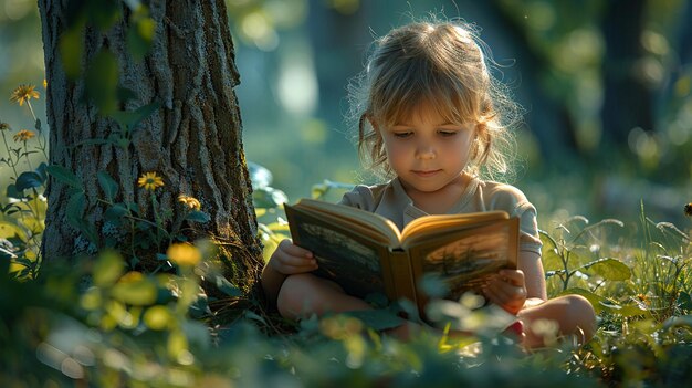Child reading a nature book in a natural setting with trees and flowers.